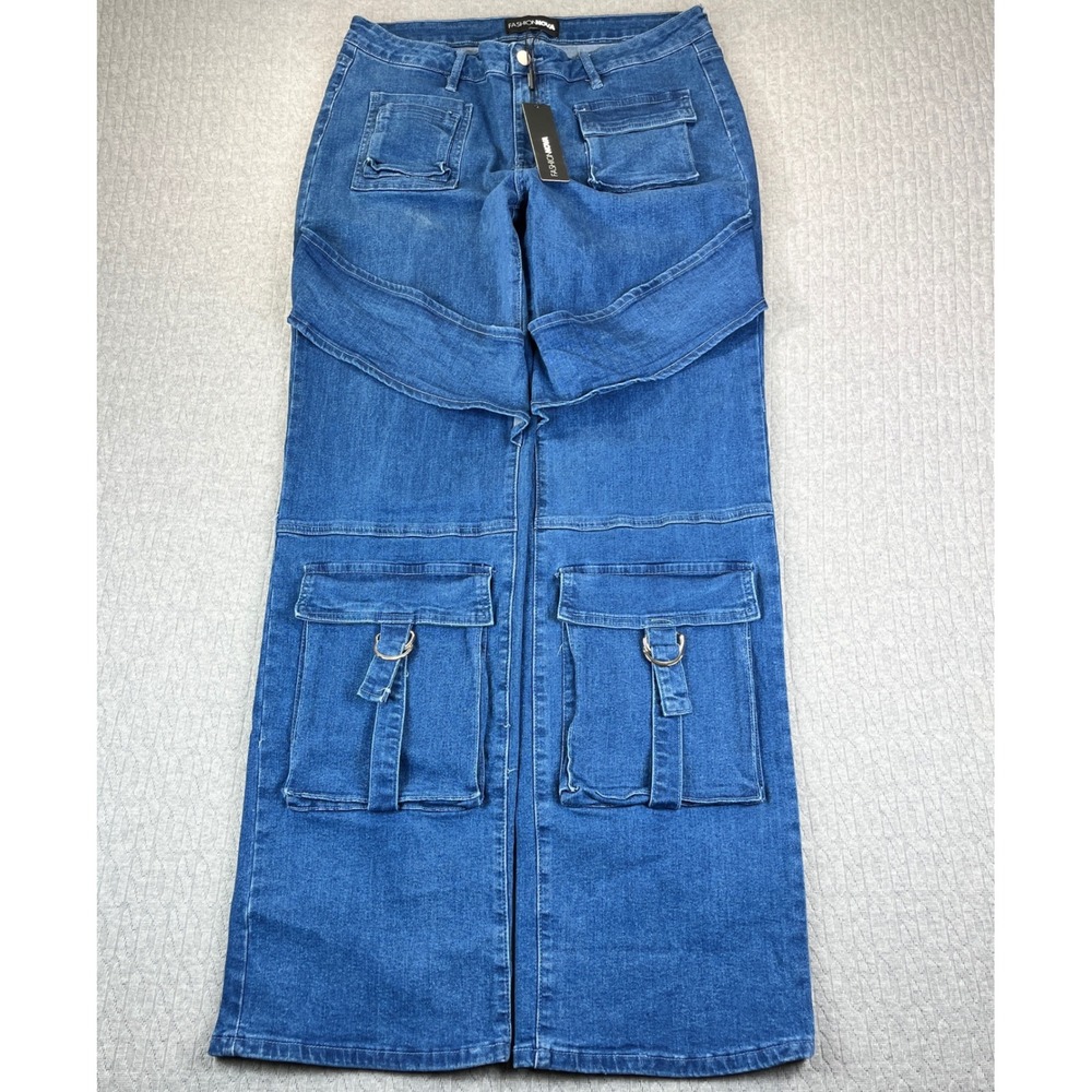 Fashion Nova new with tags baggy wide leg Cargo Jeans Women 15/31X33 Dark Wash